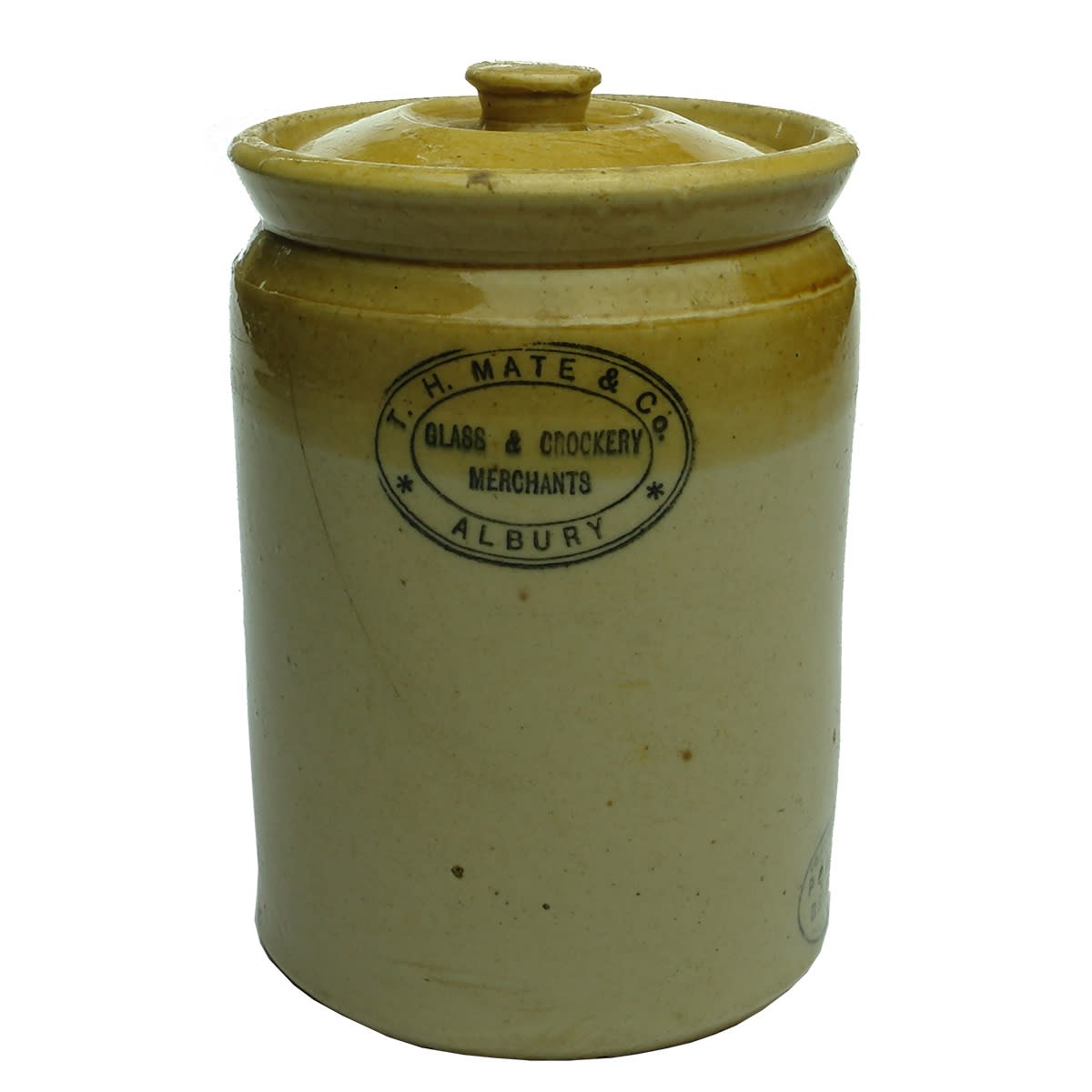 Lidded storage crock. T. H. Mate & Co, Glass & Crockery Merchants, Albury. Powell Bristol made. Small size. (New South Wales)