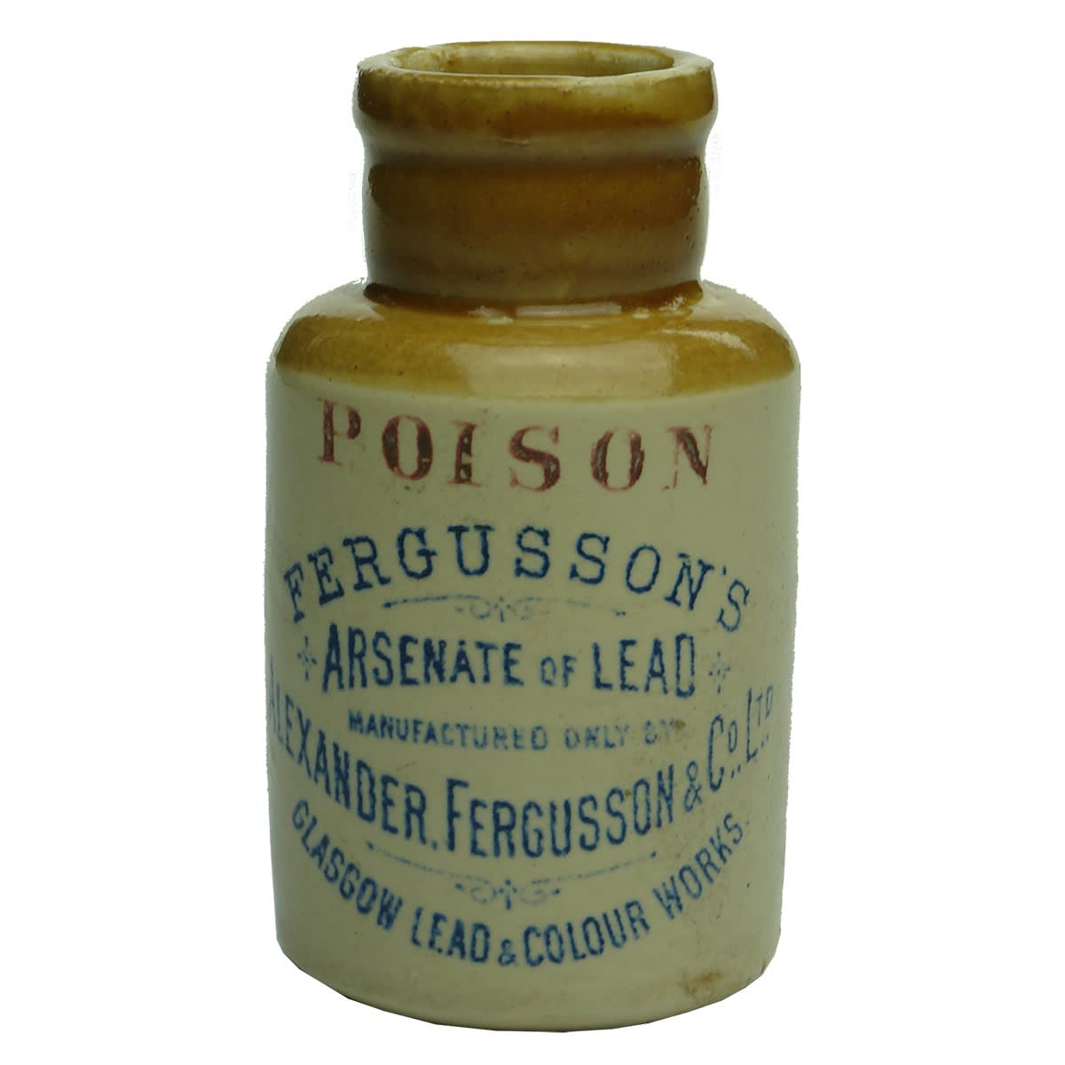Stoneware Poison Jar. Fergusson's Arsenate of Lead. Glasgow. Blue & Red Print. Small size. 113 mm.