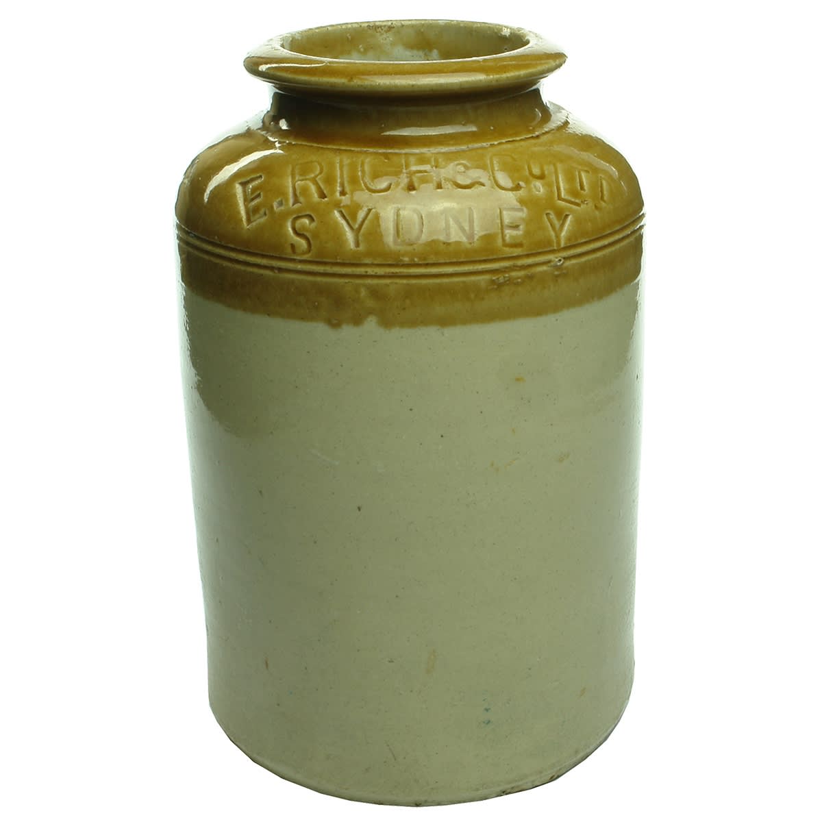 Storage Jar. E. Rich & Co Ltd Sydney. Impressed. Tan Top. Half Gallon. (New South Wales).