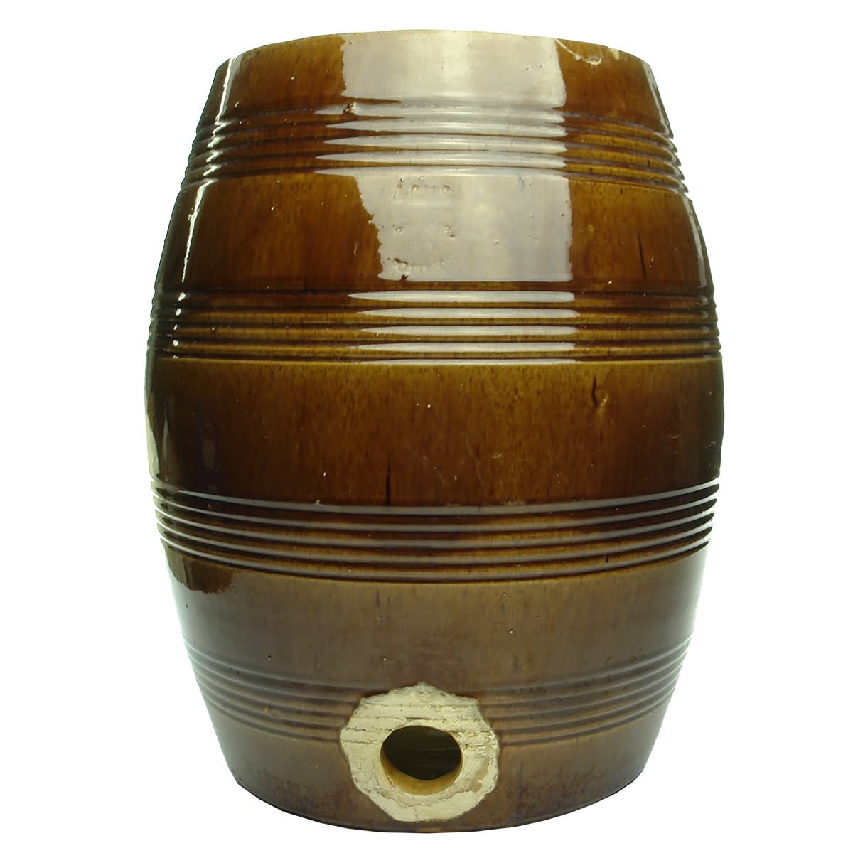Pottery. Premier Pottery, S. A. 4 Gallon Barrel. Rockingham Glaze. (South Australia)