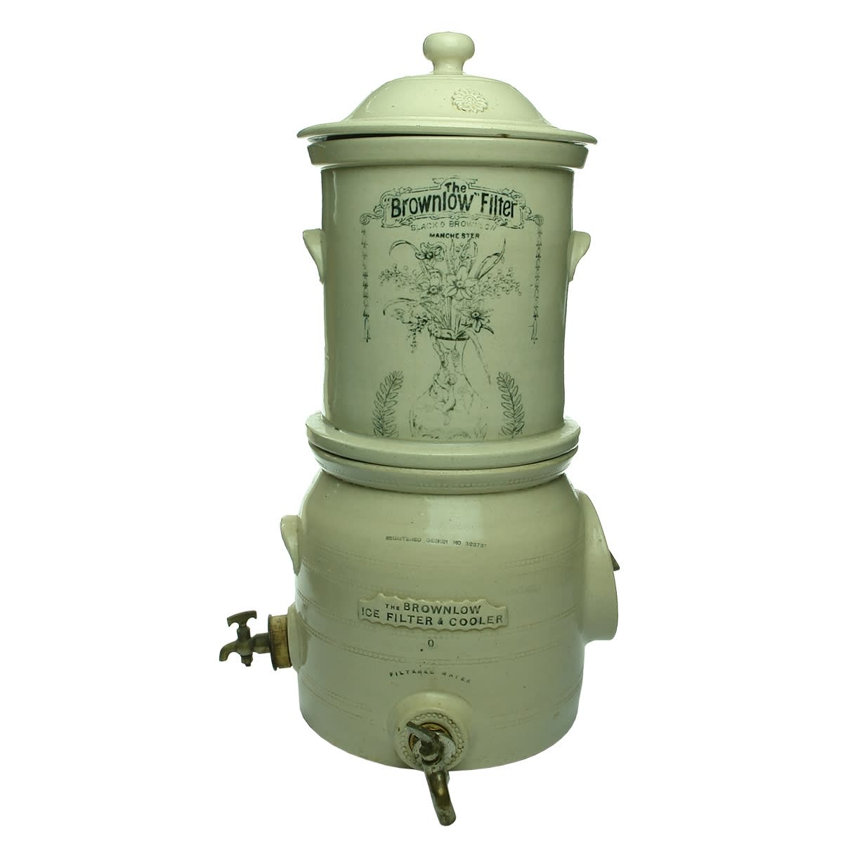 Pottery. The "Brownlow" Filter, Slack & Brownlow, Manchester with The Brownlow Ice Filter & Cooler. Two piece water filter and cooler. Black and white. (United Kingdom)