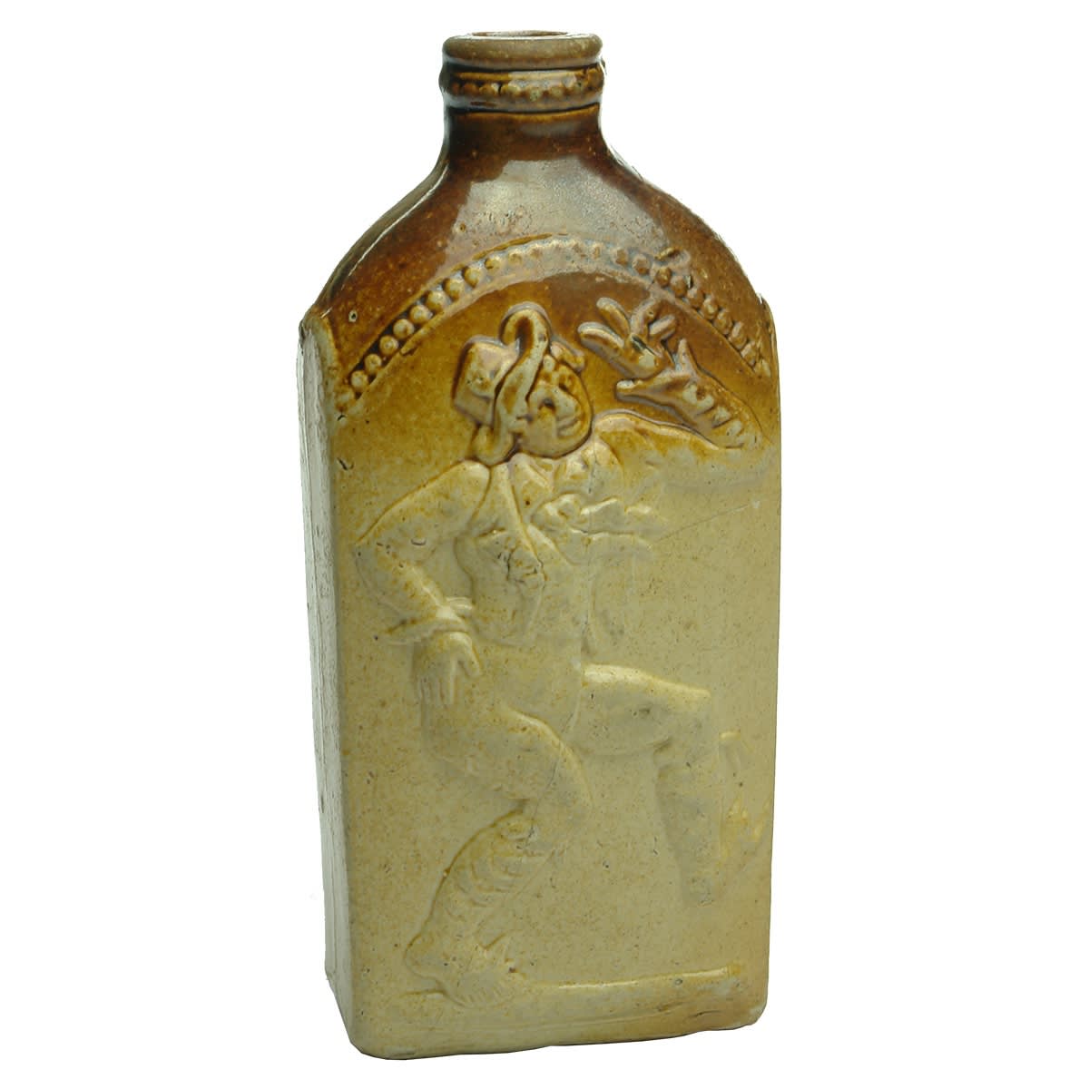 Moulded ceramic flask. Dancing man front and back. No makers marks. Tan top.