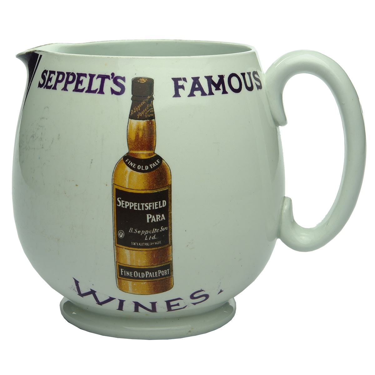 Water Advertising Jug. Seppelt's Famous Seppetsfield Para Fine Old Pale Port. Chateau Tanunda Brandy. (South Australia)