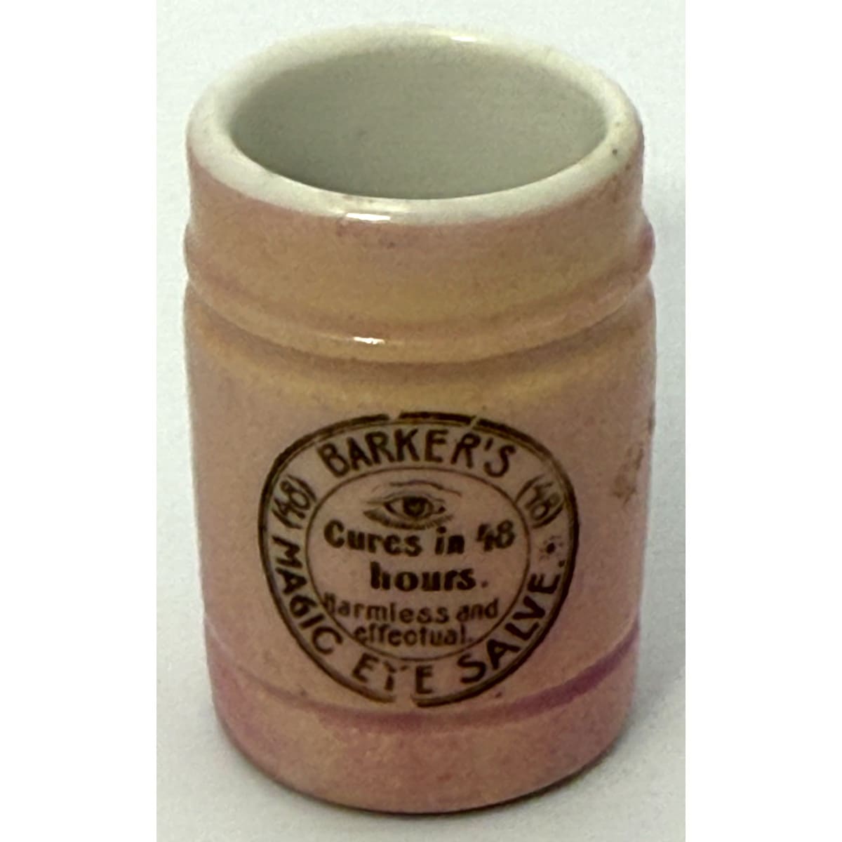 Ointment Pot. Barker's Magic Eye Salve. Overglaze print. (Broken Hill, New South Wales)