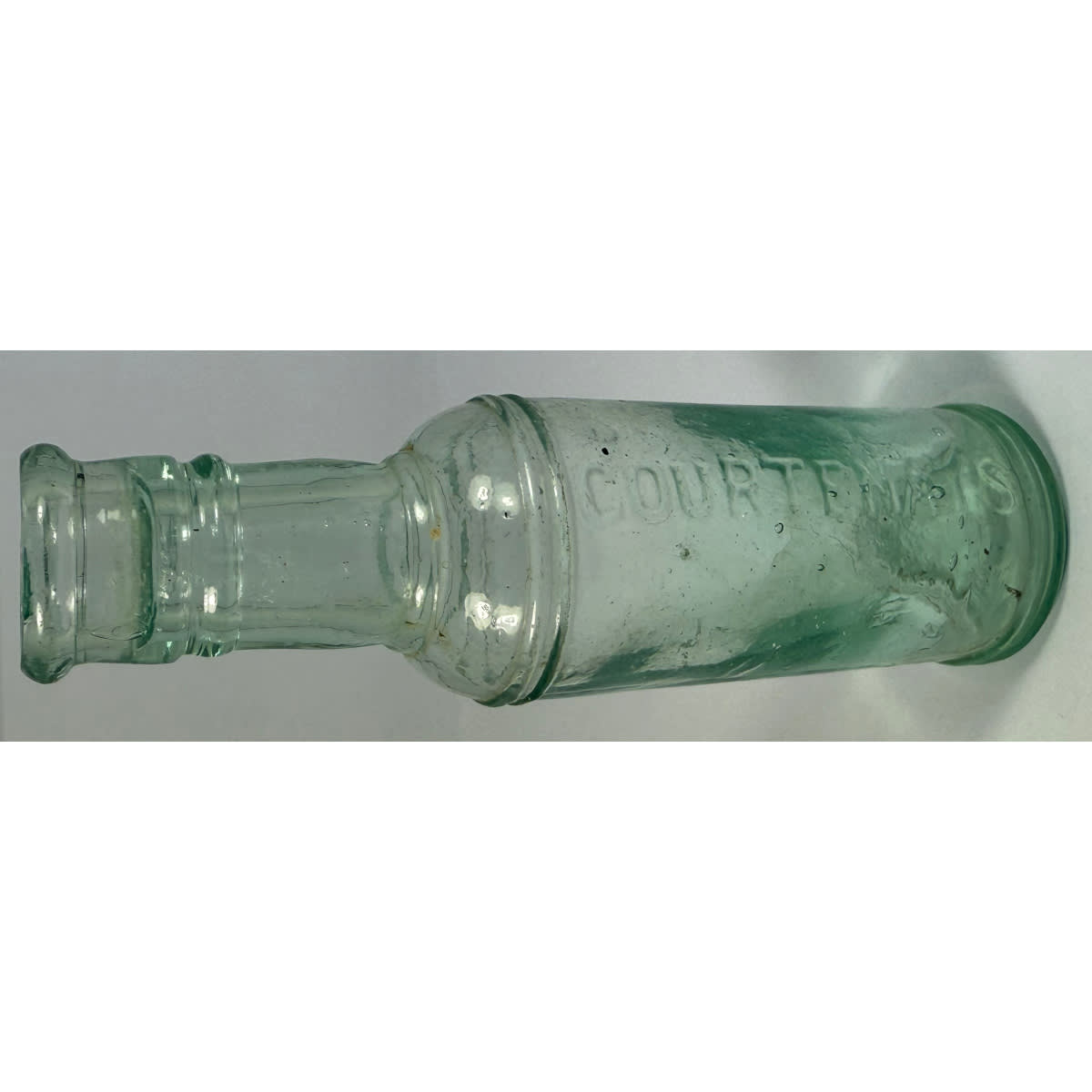 Sample Sauce. Courtenays. Rings at neck and base edge. Aqua. 1.5 oz. 105 mm.