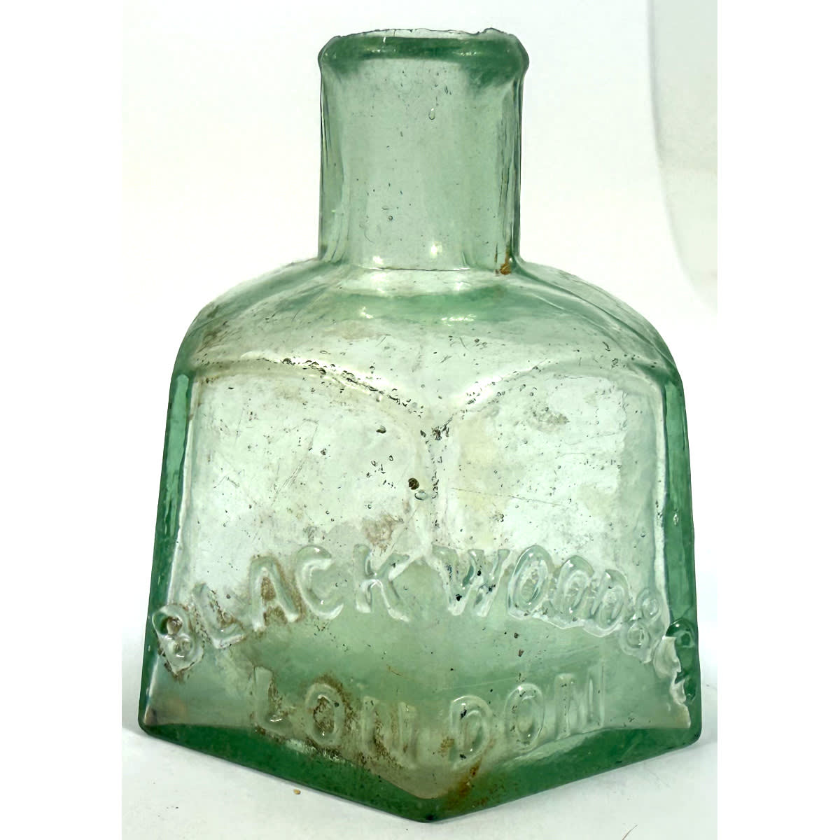 Ink. Blackwood & Co., London. Aqua. Hexagonal. Tent shape. Shear Lip. 1 oz. 54 mm.