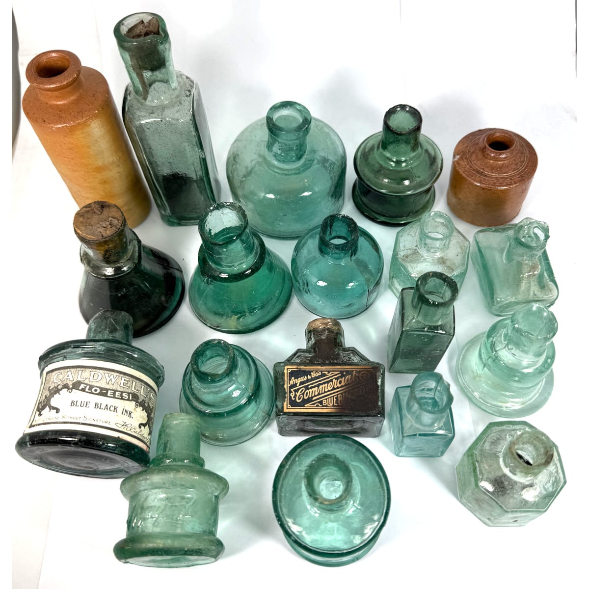 19 Inks etc. Wynyard; Cotton Reels; Bells; Boat Ink with label; Caldwells label; Stonewere & Glass.