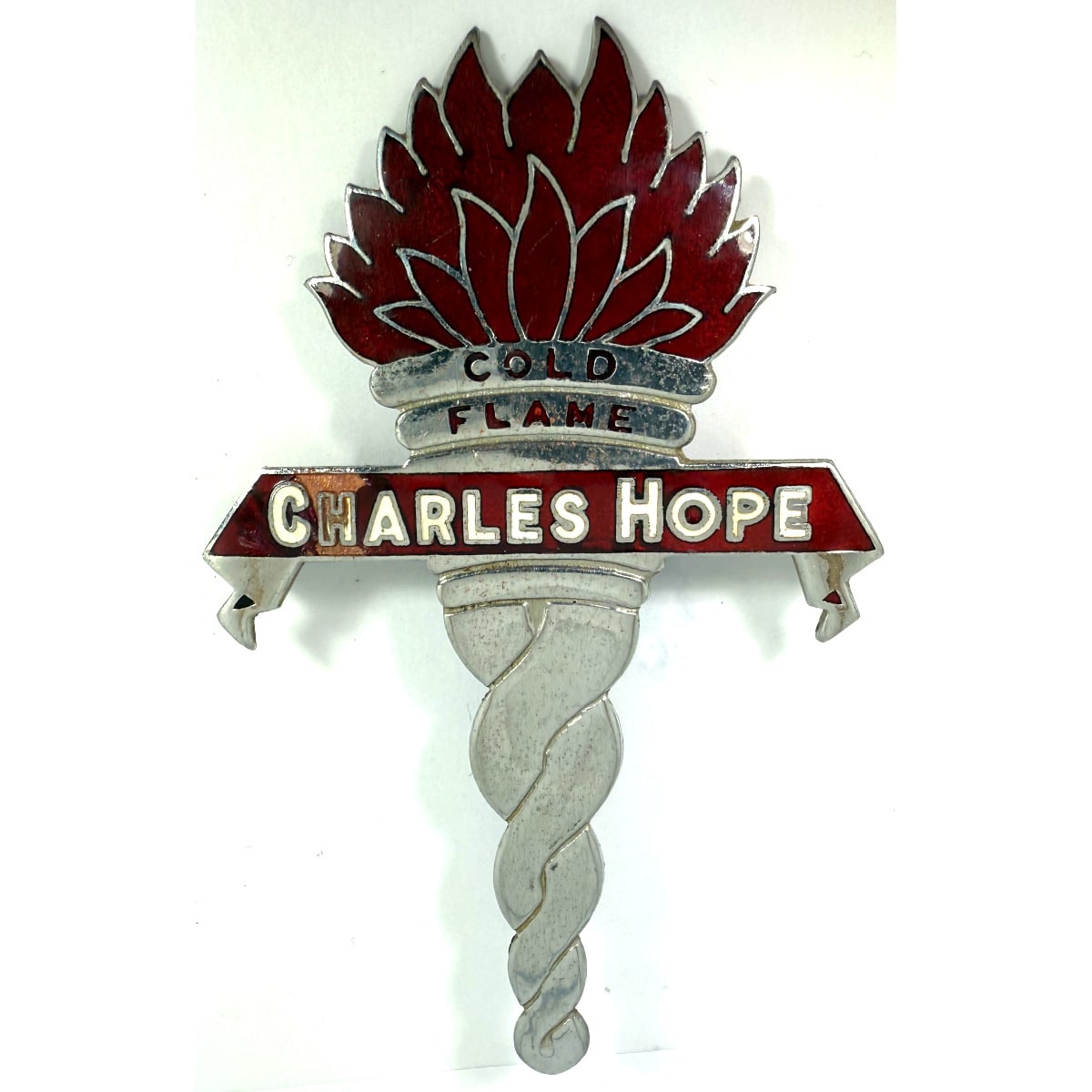 Enamel Refrigerator Badge. Charles Hope. Cold Flame. Chrome Finish with red enamel.