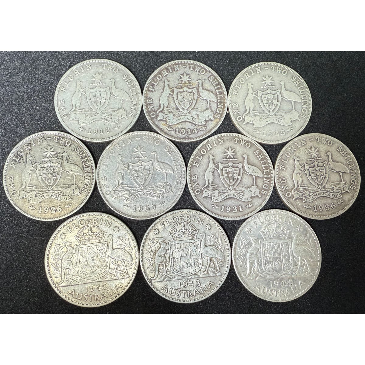 10 Australian Sterling Silver Florins. 1910, 1914, 1925, 1927, 1931, 1936, 1942, 1943 & 1944. 112 grams.