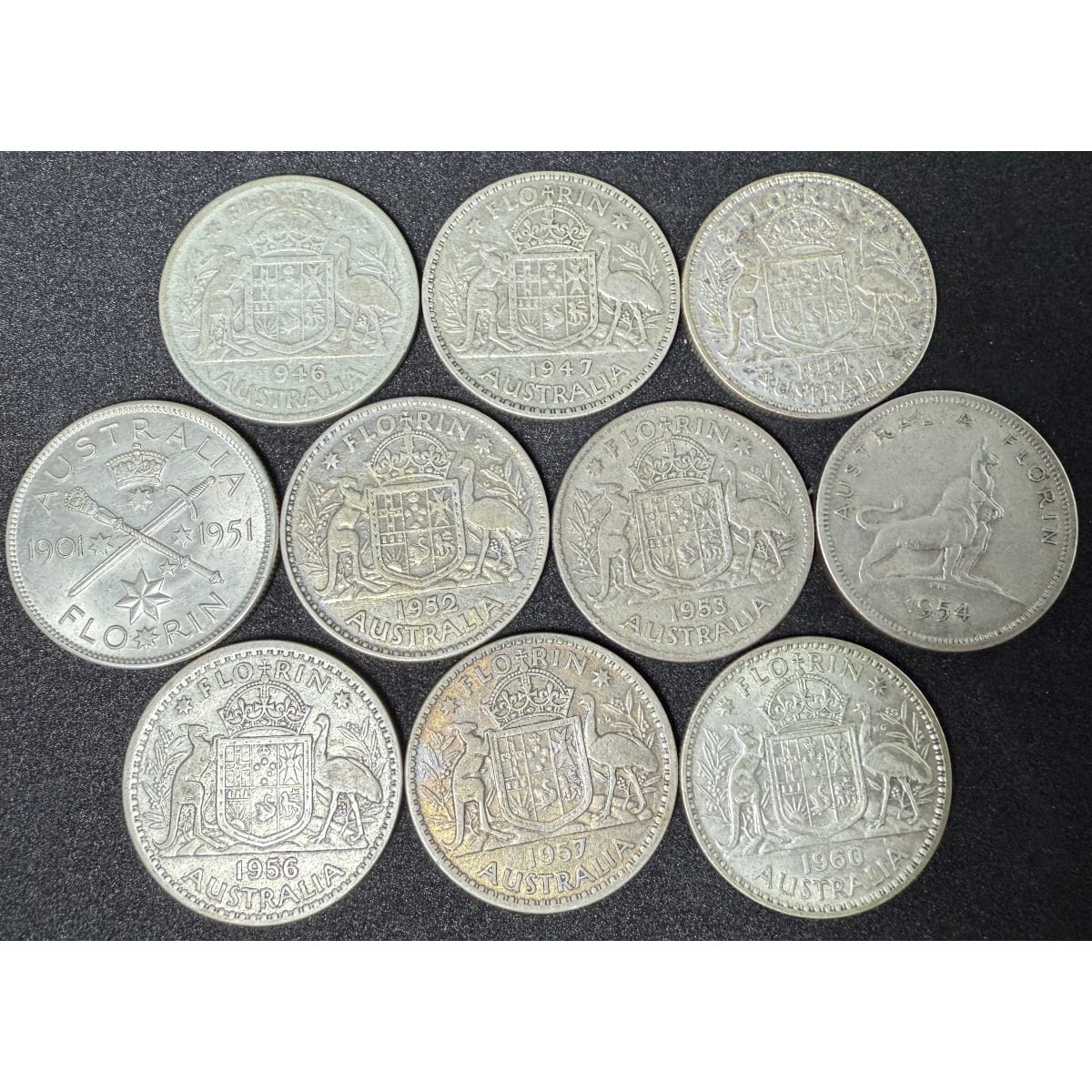 10 Australian 50% Silver Florins: 1946; 1947; 1951; 1951 (Federation Commemorative); 1952; 1953; 1954; 1956; 1957; 1960.