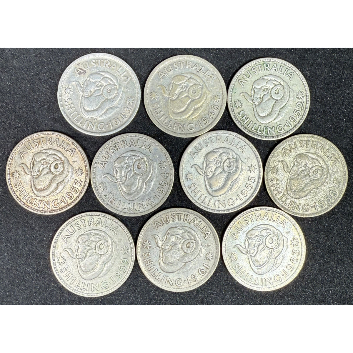 10 Australian Rams Head Shillings: 1943; 1946; 1952; 1953; 1954; 1955; 1956; 1959; 1961 & 1963.