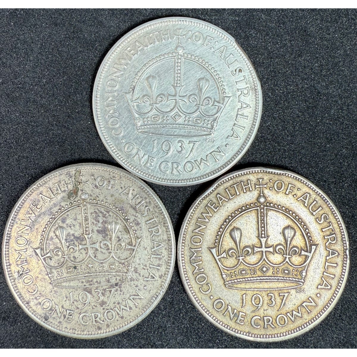 3 Australian Crowns. All 1937. Sterling Silver. 84.7 grams