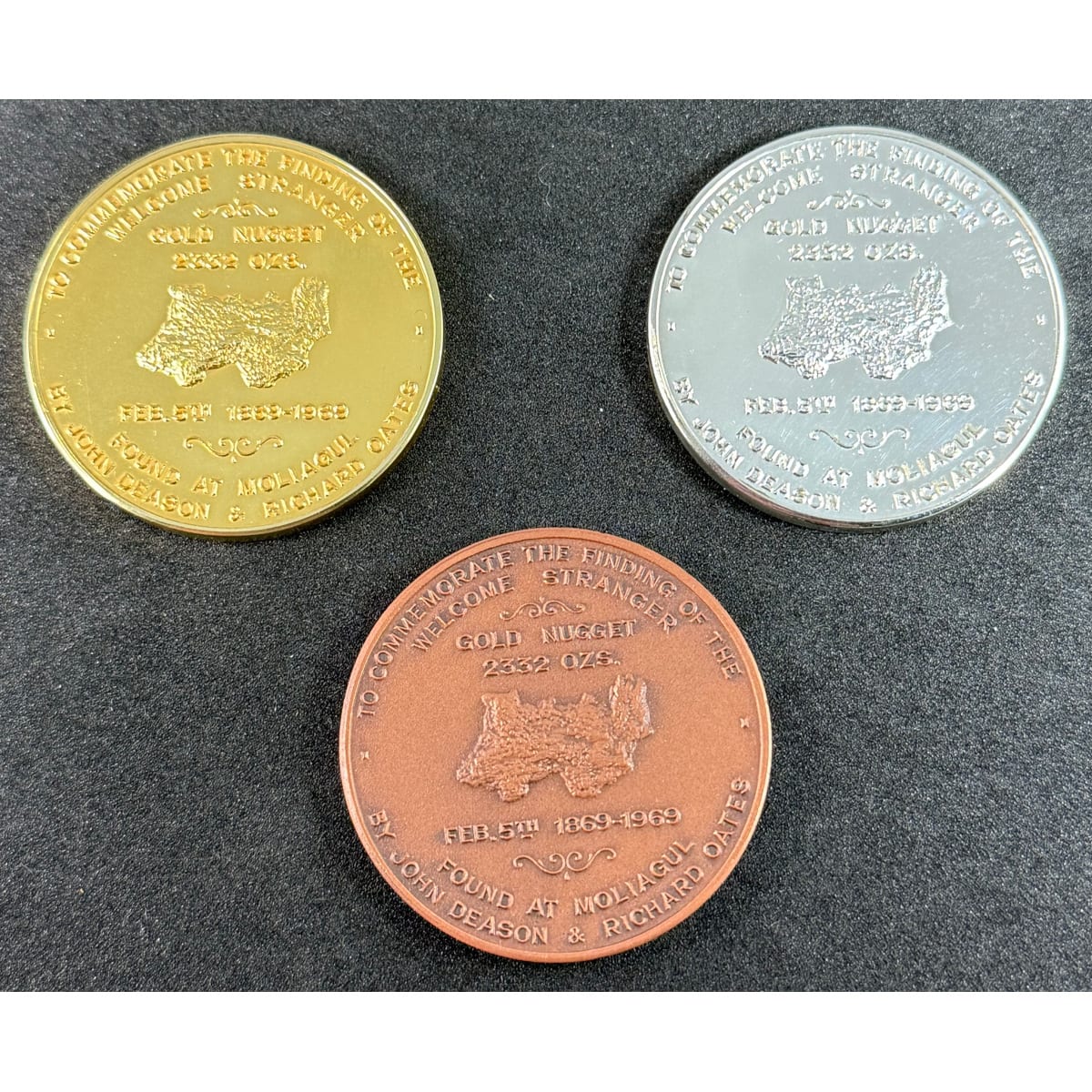 3 Medallions. Centenary of Discovery of "The Welcome Stranger" Gold Nugget. Midlands Numismatic Society 1969. Copper (1 of 300, numbered 7); Sterling Silver (1 of 10); 9ct Gold (1 of 5!)