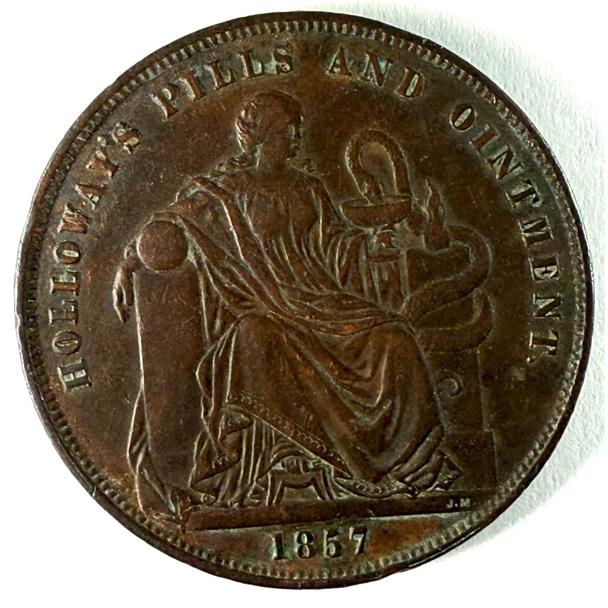 Token. Professor Holloway. 1857. Holloways Pills & Ointment. Seated Goddess Hygeia with Snake and Cup.