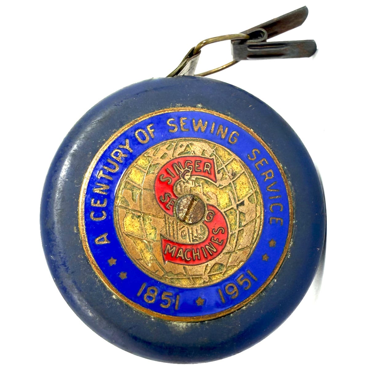 Tape Measure. Singer Sewing Machines. A century of sewing service 1851 - 1951. enamel badge on small rollup tape measure.
