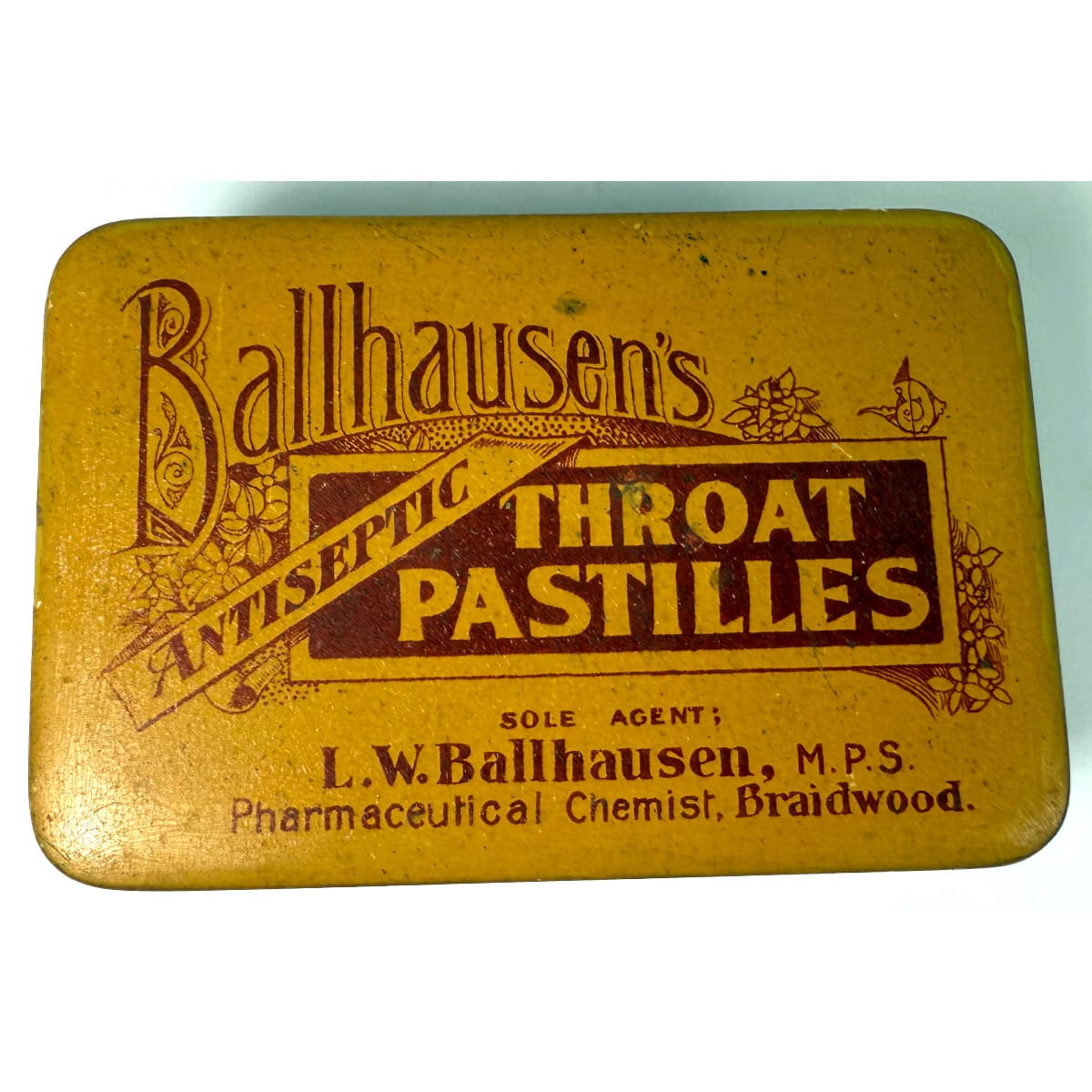 Chemist Tin. Ballhausen's Throat Pastilles. L. W. Ballhausen, Braidwood. (New South Wales)