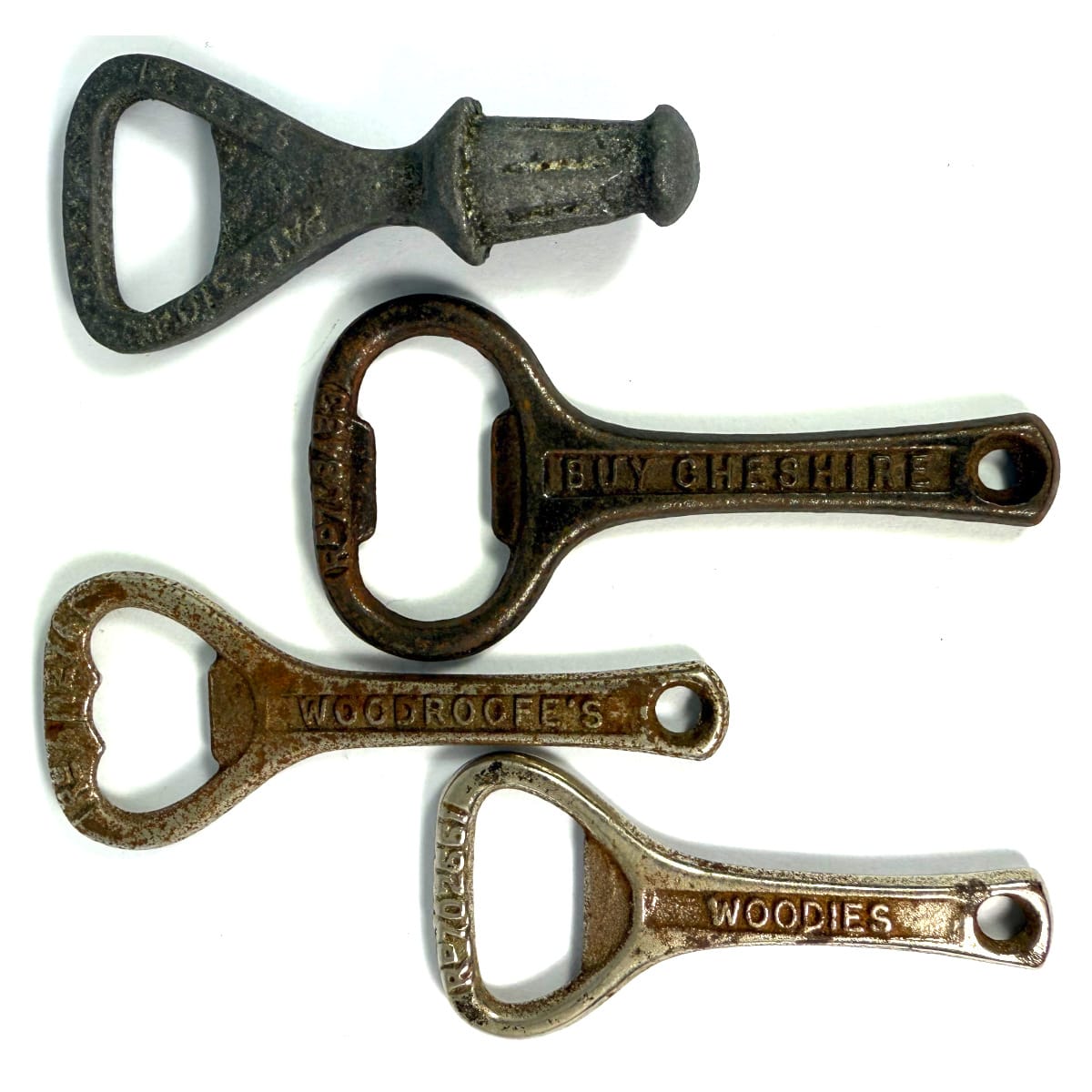 4 Bottle Openers: 2 x different Woodies/Woodroofes; Better Milk; Dinky 13.5.25 Patented Codd/Crown Seal Opener.
