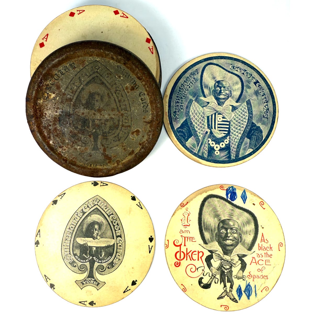 Round playing Cards. Sutherlands Circular "C**n" Cards. In original tin. Black as the Ace of Spades. Full deck with Joker.