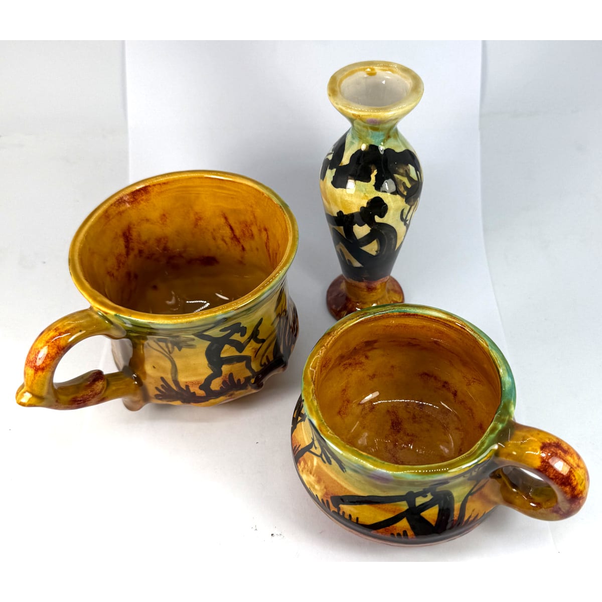 3 Pieces of Christian Vocke / Graham Pike (CVGP marked) pottery featuring Aboriginal themes. Flat Mug, Taller Mug and a Vase.