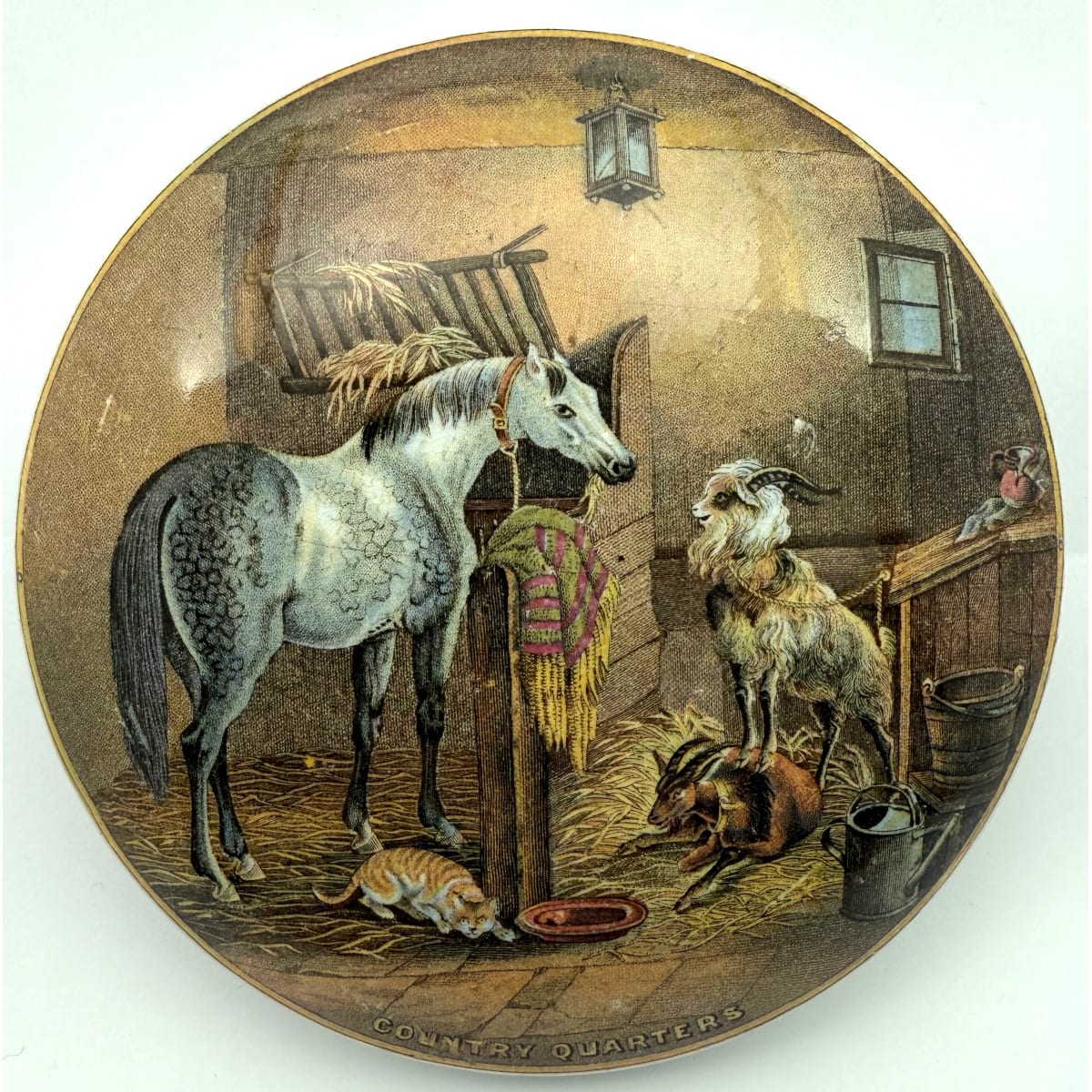 Pratt Lid. Country Quarters. Horse, Goats & Cat in a barn scene. Prattware.