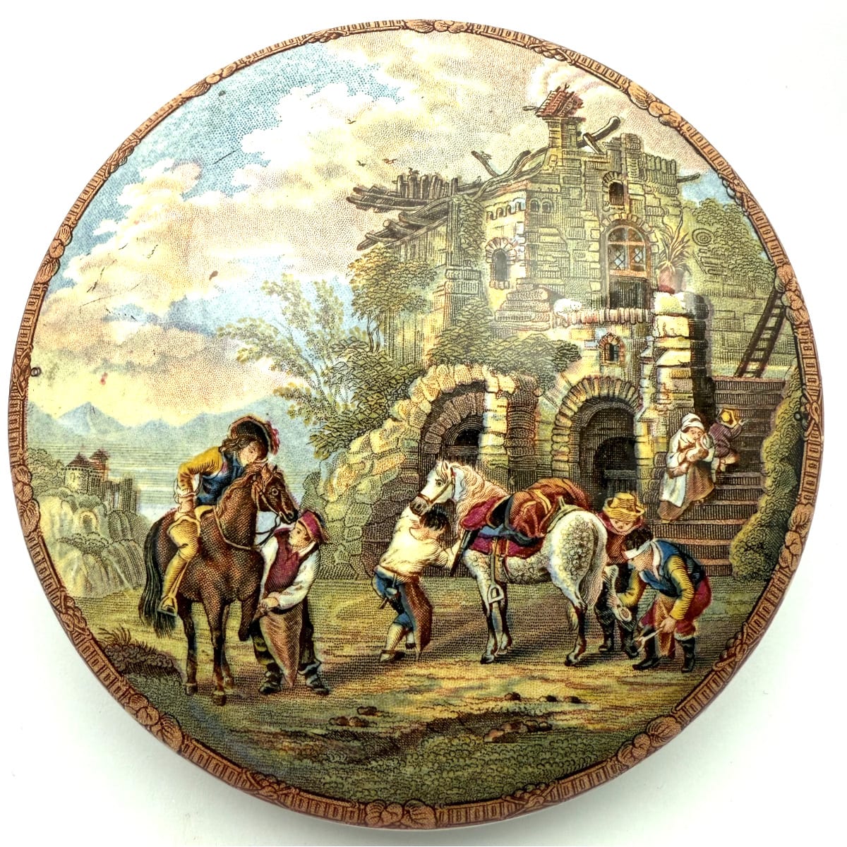 Pratt Lid: The Farriers. Very large with patterned border. Prattware.