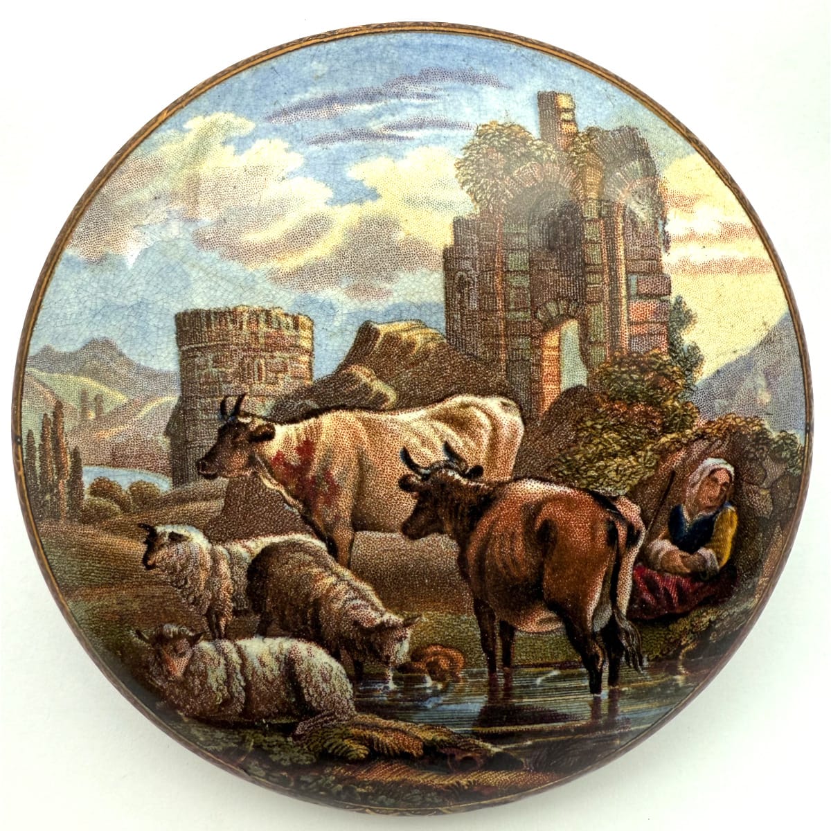 Pratt Lid. Cattle & Ruins. Actually has Cattle, Sheep, lady sleeping and ruins in the background. Prattware.