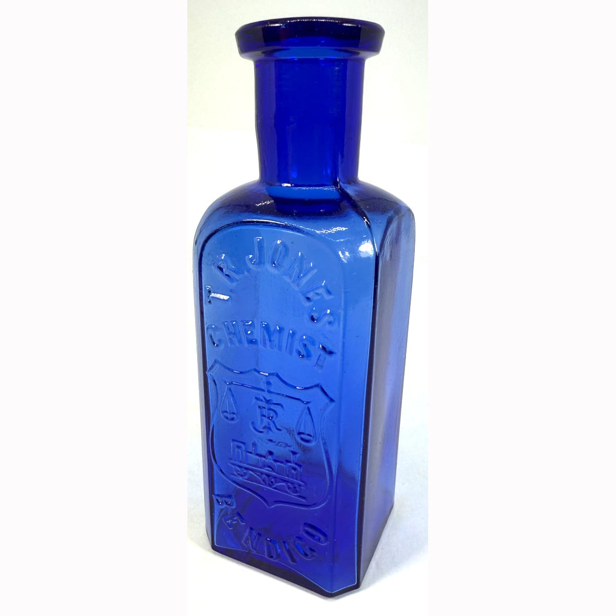 Chemist. T. R. Jones, Bendigo. Scales, Monogram & Train. Cobalt Blue. 2 oz. 102 mm.