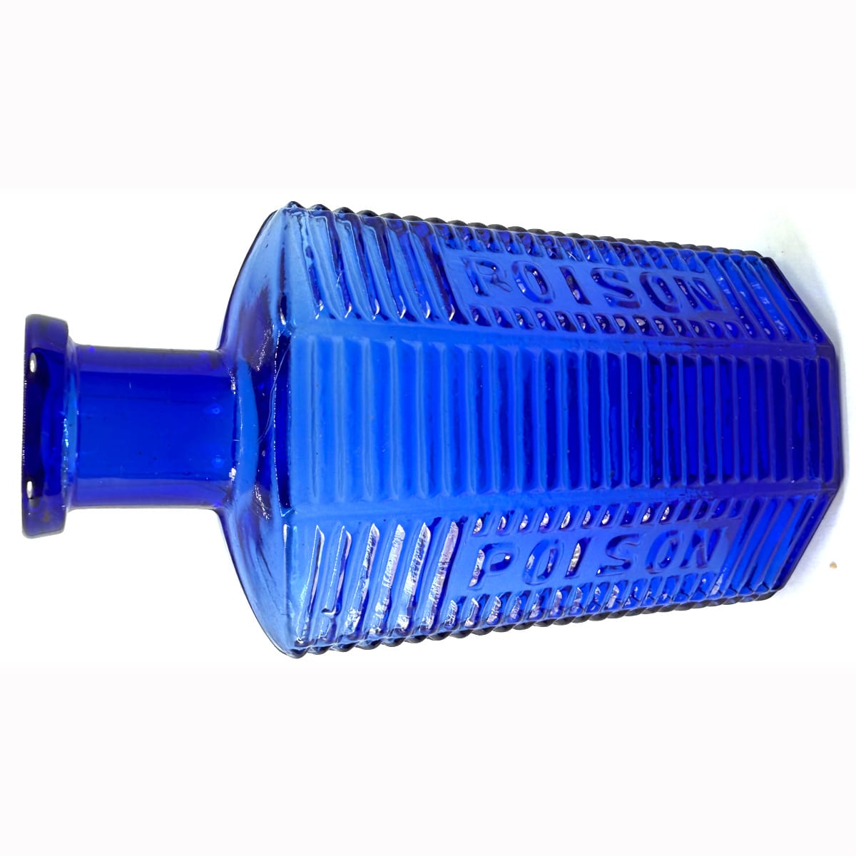 Poison. C. L. G. Co (Carr Lowry Glass Co), Patent Applied For. Mid Cobalt Blue. 4 oz.