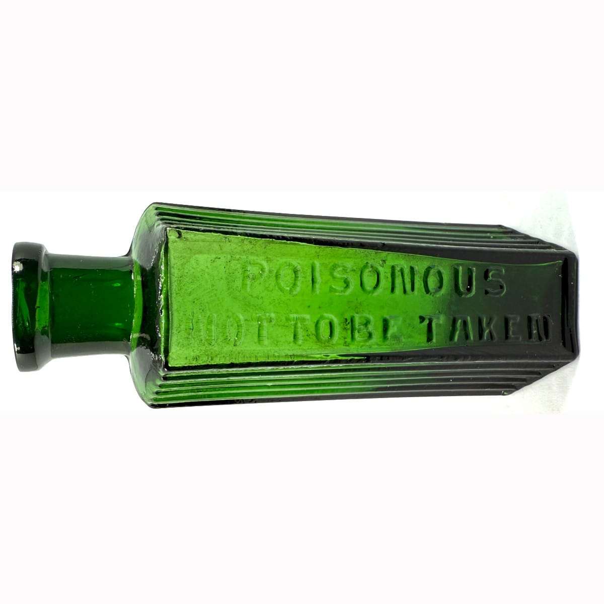 Poison. Hexagonal. Poisonous Not to be taken. Vertical ribs to side panels. 1.5 oz. 95 mm. Green.