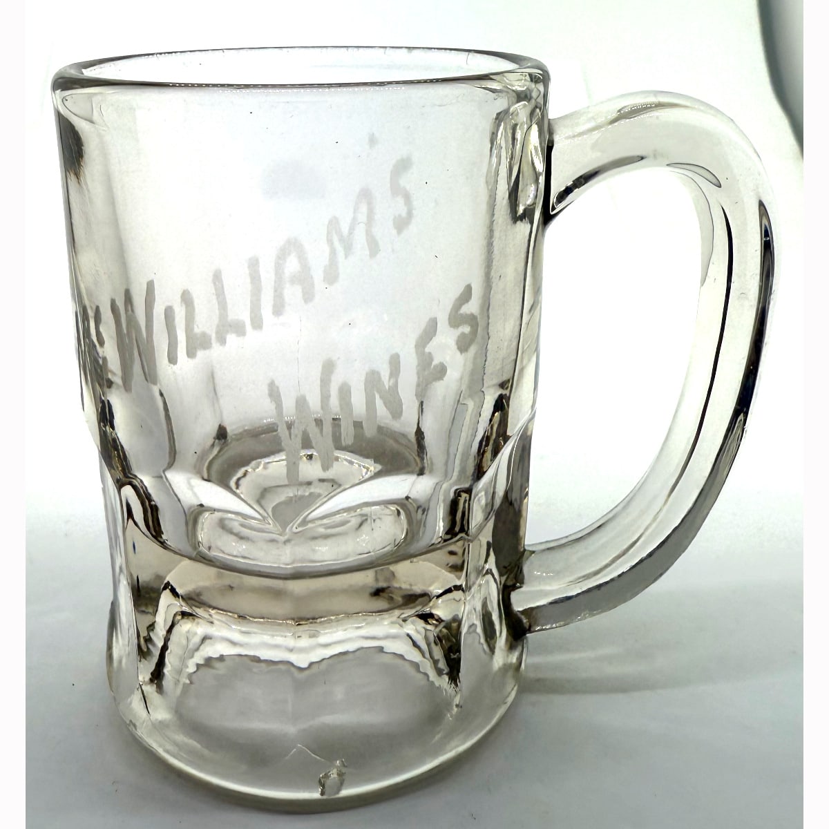 Etched Glass. McWilliams Wines. Shaped like a beer mug but only small.