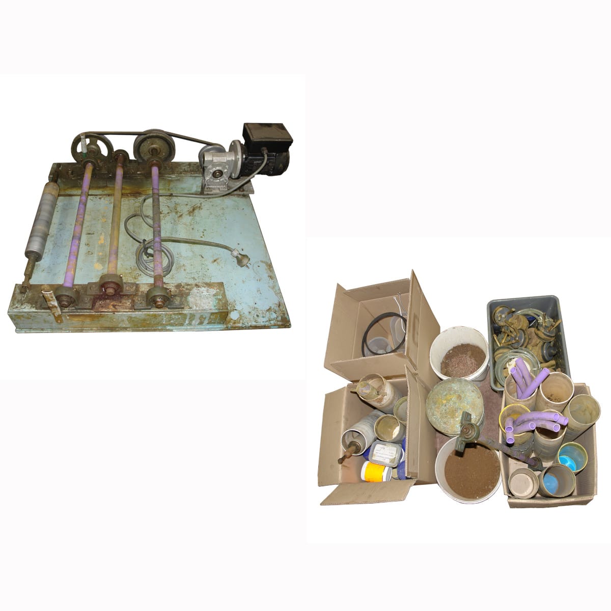 Polishing Machine plus more. Four rollers. Canisters, Endpieces, Polishing compounds, Three buckets of cut copper, Bottle brushes. STRICTLY NOT FOR POST. WINNING BIDDER WILL HAVE TO MAKE ARRANGEMENTS FOR COLLECTION!