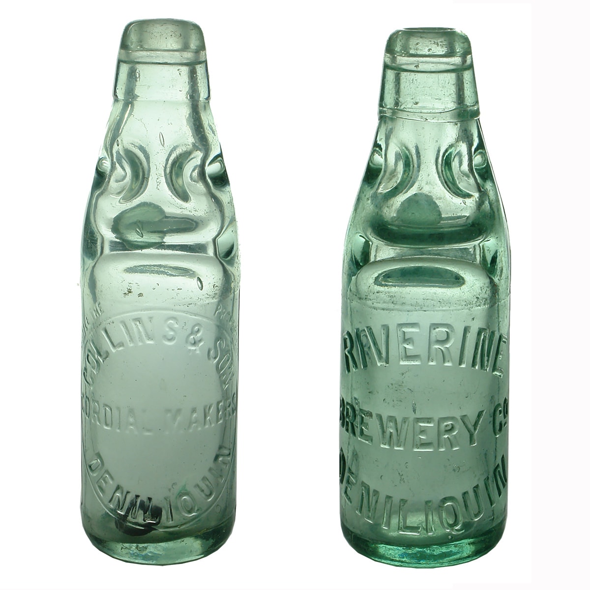 2 Deniliquin Codds: Collins & Son, Cordial Makers; Riverine Brewery Co. 6 oz. (New South Wales)