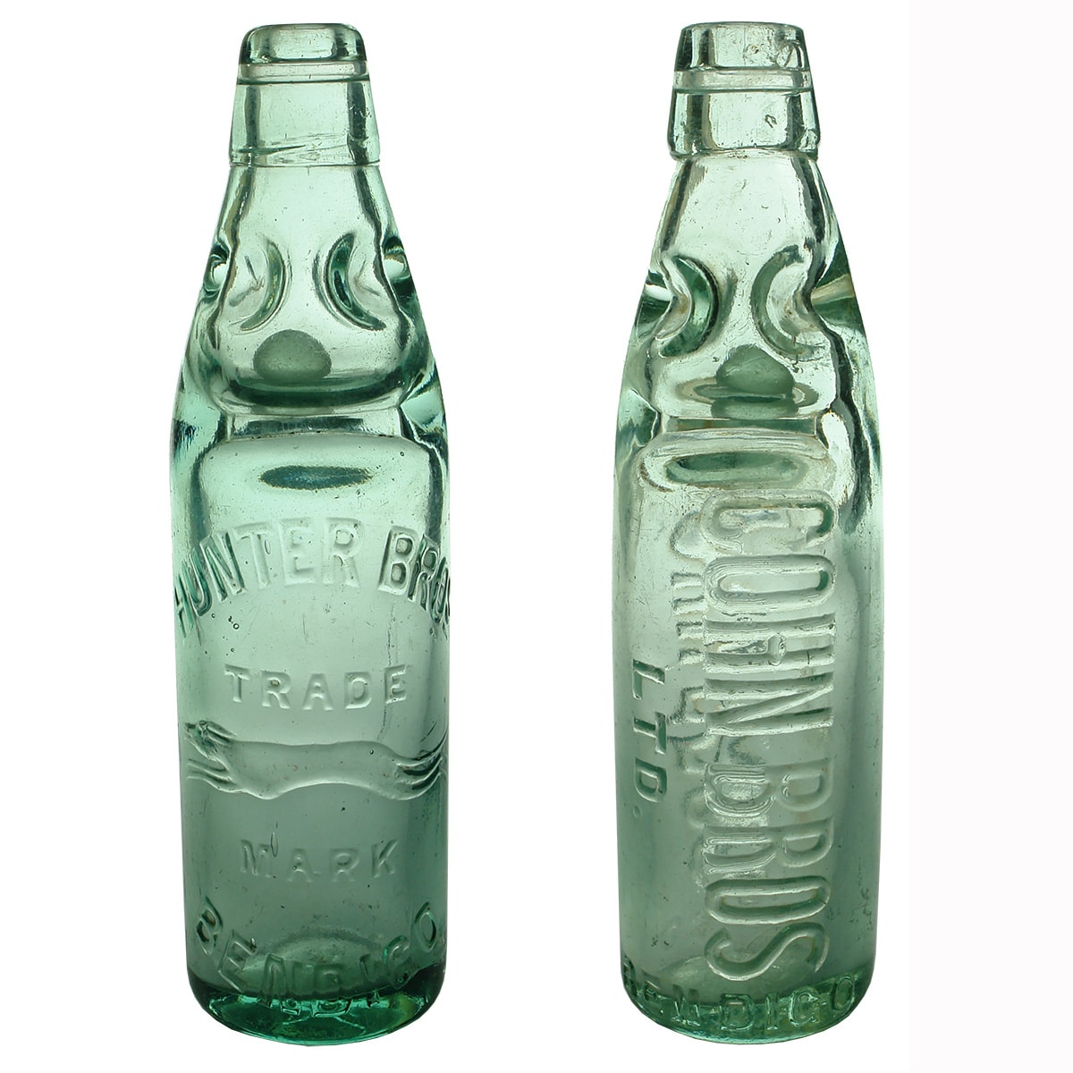 2 Bendigo Codds: Hunter Bros, Greyhound; Cohn Bros Ltd (Kilner Bros made). 10 oz. (Victoria)