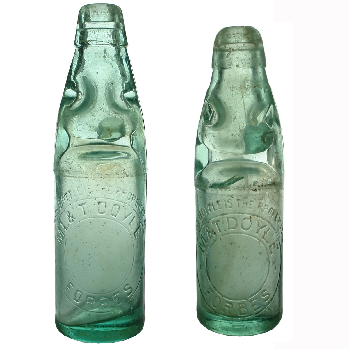 2 Codds. M. L. & T. Doyle, Forbes. 10 oz Dobson and 6 oz Niagara. Spun tops. (New South Wales)