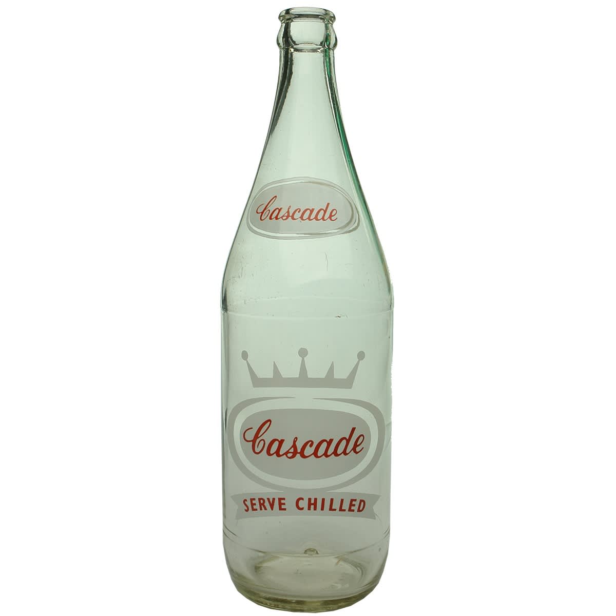 Crown Seal. Cascade Cordials. Ceramic Label.  Red and white print. 26 oz. (Tasmania)