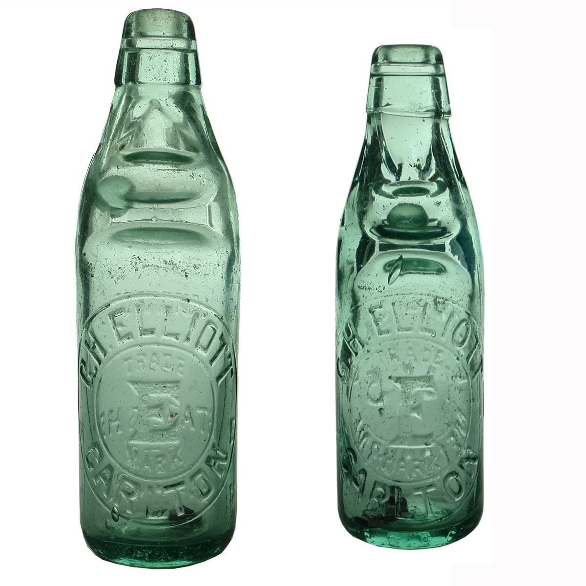 2 Codds. Two sizes of G. H. Elliott codd: 1. G. H. Elliott, Carlton. Base: 1 E 3. Hills Patent. Aqua. 10 oz. 2. G. H. Elliott, Carlton. M. G. B. Co. Hills Patent. Aqua. 6 oz. (Victoria)