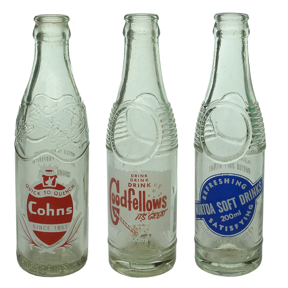 3 Ceramic label Crown Seals: Cohns, Bendigo & Swan Hill 7 oz; Goodfellow Ballarat 200 ml; Murtoa Soft Drinks 200 ml. (Victoria)