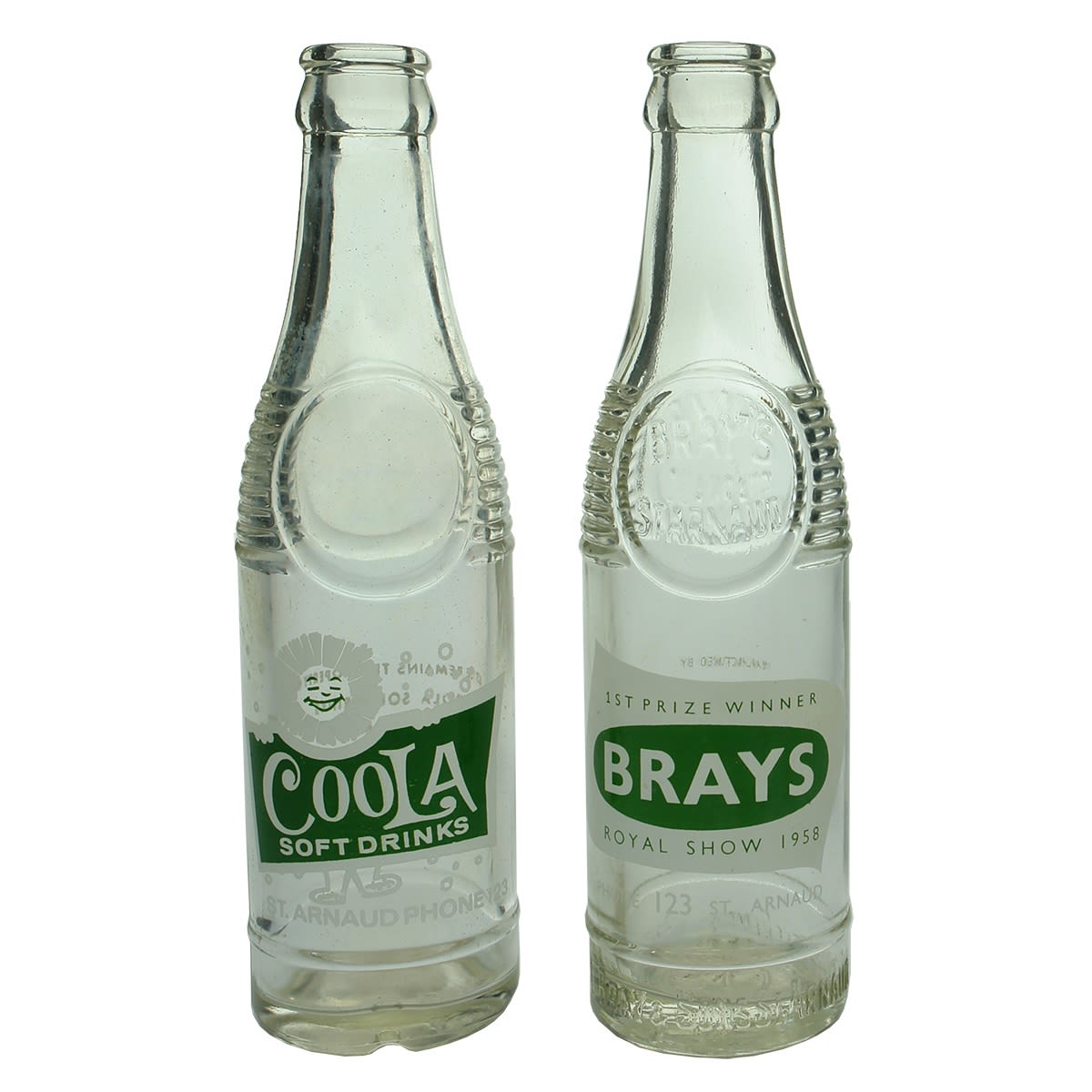 2 St Arnaud bullet type Ceramic Label Crown Seals. Brays Royal Show 1958; Coola Soft Drinks. Green & White. 7 oz. (Victoria)