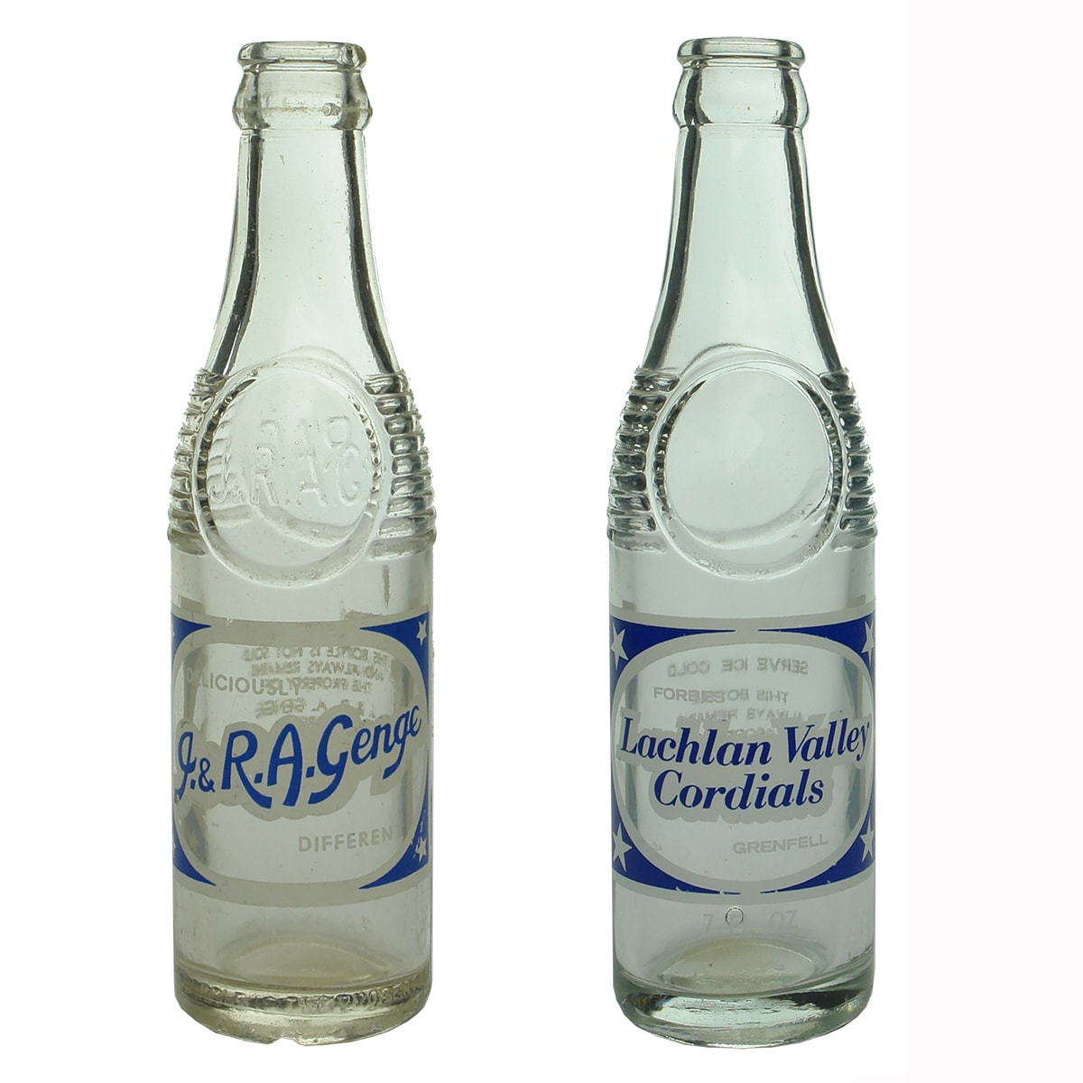 2 Bullet type ceramic label crown seals. J. & R. A. Genge, Forbes and Lachlan Valley Cordials Forbes & Grenfell. (New South Wales)