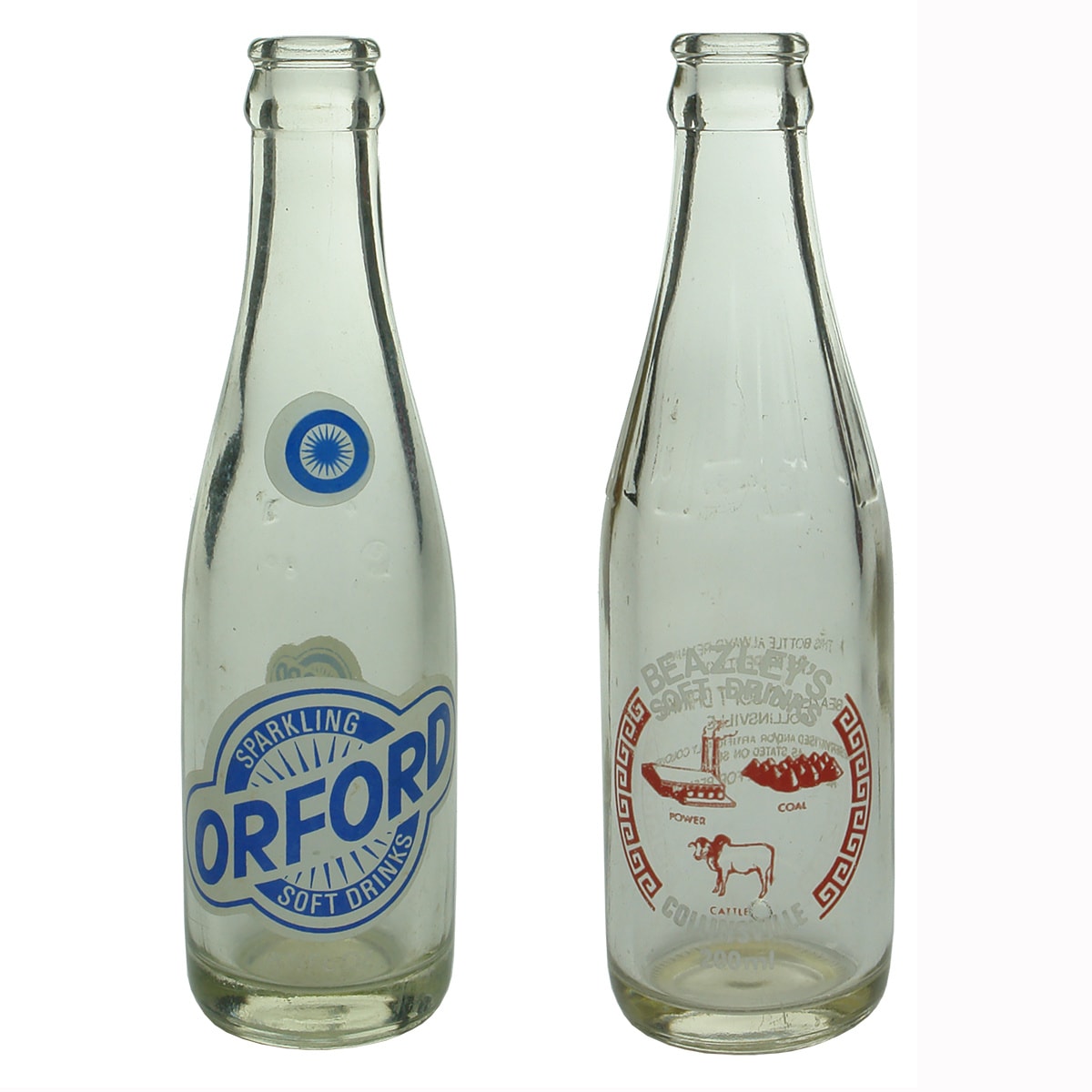 2 Ceramic Label Crown Seals: Orford Sparkling Soft Drinks; Beazley's Soft Drinks Collinsville. (Queensland)