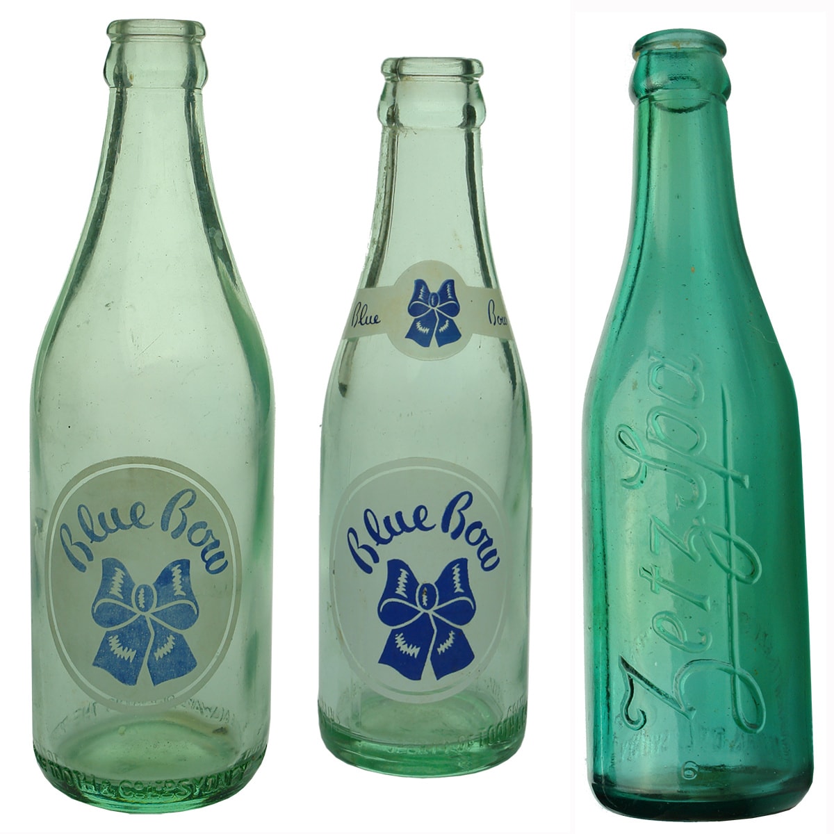 3 Tooth & Co Ltd Sydney Crown Seals. 2 different Blue Bow Ceramic Labels; Zetz Spa in mid green. (New South Wales)