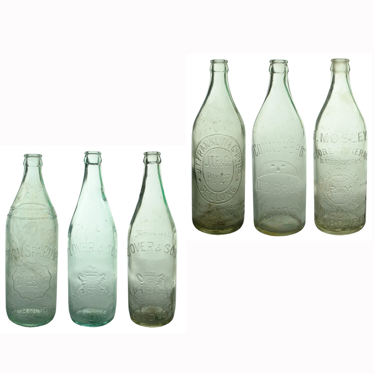 6 Crown Seals. Boon Spa Pty Ltd., Melbourne; 2 x Glover, Bendigo; Franklin, Geelong; O'Connor, Kilmore; Mosley, Melbourne. (Victoria)