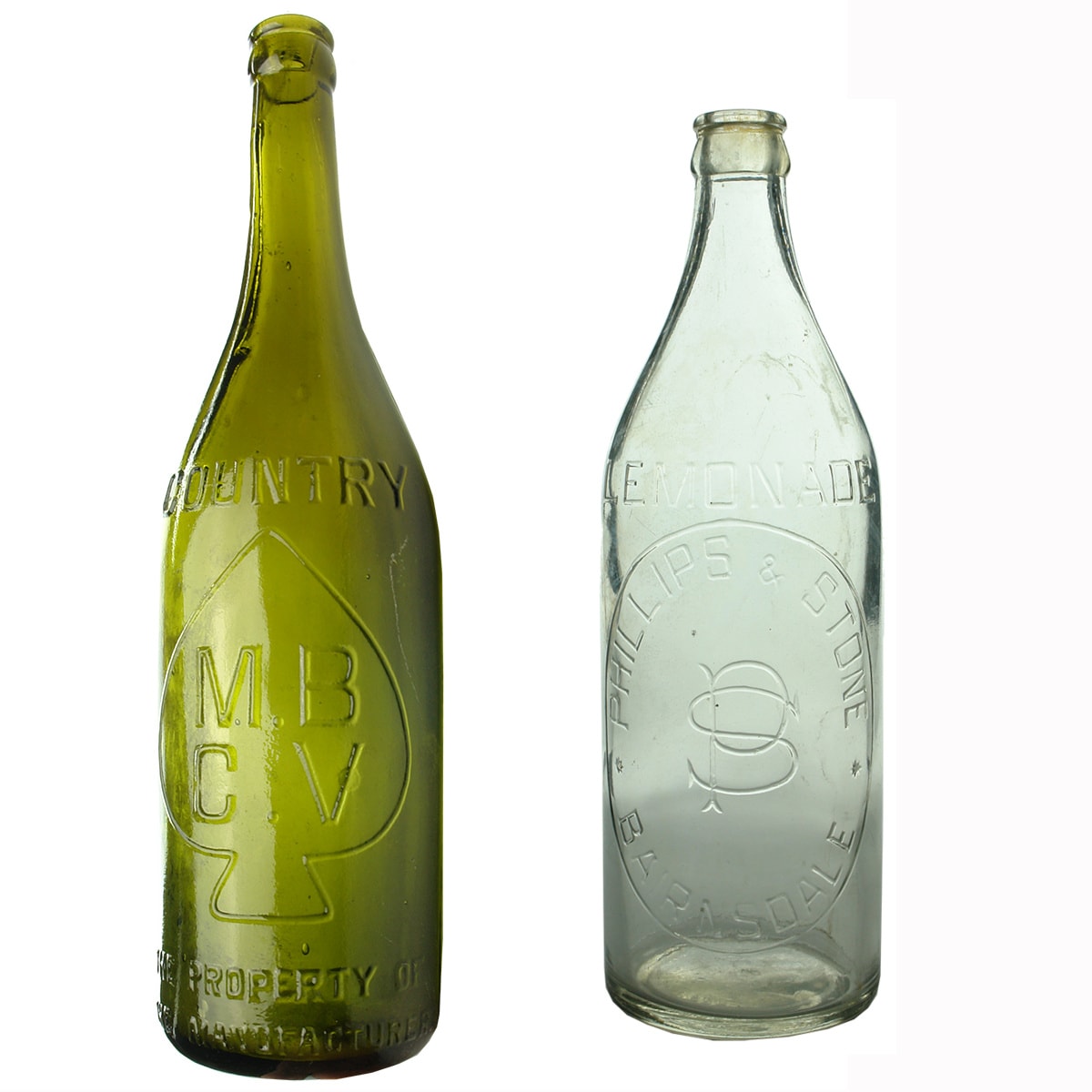 2 Crown Seal Bottles: MBCV Country, Green, Spun top. Phillips & Stone Bairnsdale Lemonade Clear.
