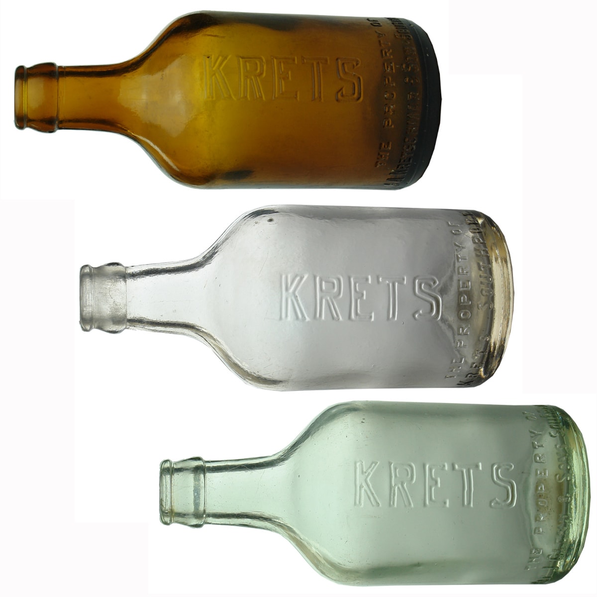 3 different Krets Southport Crown Seals. J. A. Kretschmar & Son, Amber; Krets only, Clear; Roy J. Glenn & Sons, Pale Aqua. (Queensland)