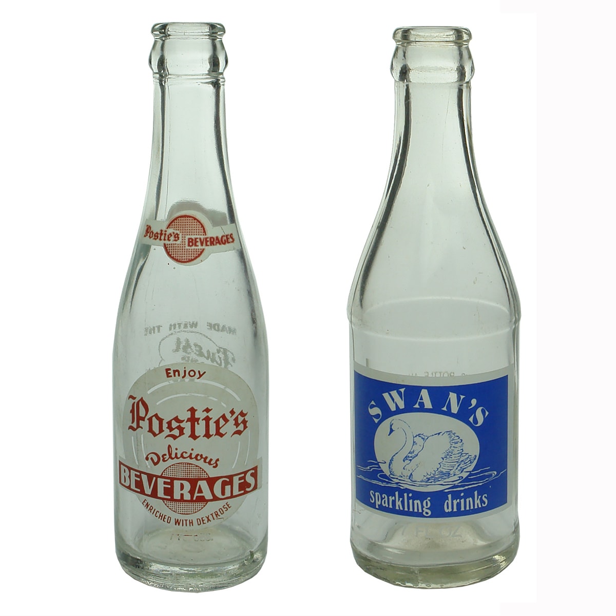 2 Ceramic Label Crown Seals: Postie's Delicious Beverages McAdoo; Swan's sparkling drinks, L. P. Swan & Son Beverley. (USA & Western Australia)
