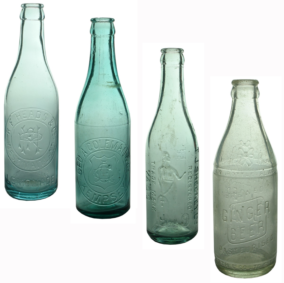 4 Crown Seals: R. F. Heads & Co., West Maitland; Geo. A. Coleman & Co., Kempsey; T. J. Sheekey Ltd, Yass; Tooth & Co Ltd Blue Bow Ginger Beer. (New South Wales)