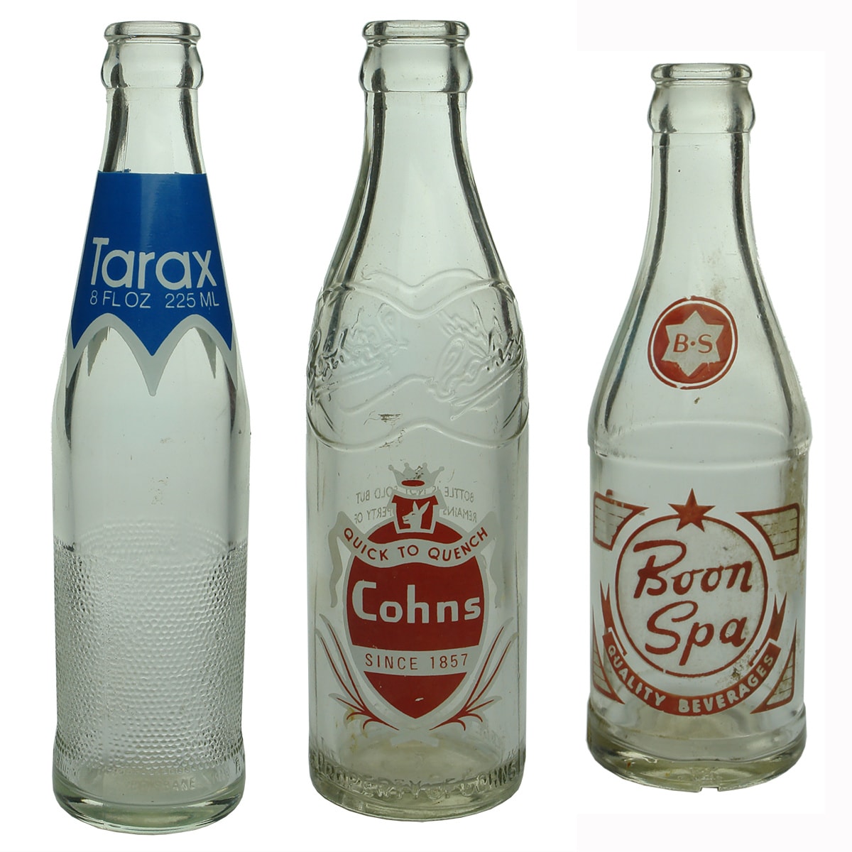 3 Ceramic Label Crown Seals: Tarax 8 oz 225 ml; Cohns Bendigo & Swan Hill; Boon Spa Pty Ltd Melbourne. (Victoria, New South Wales & Queensland)
