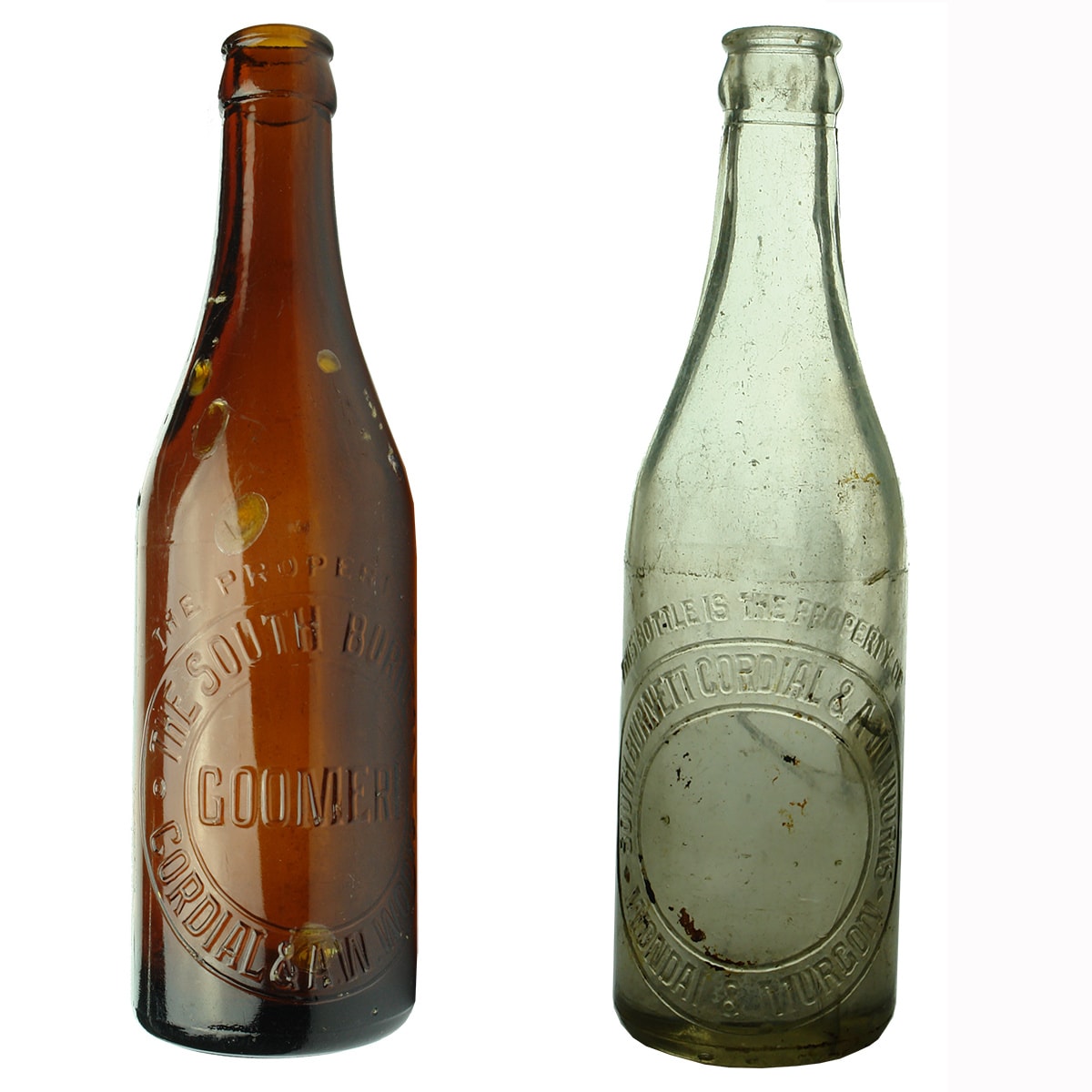 2 Crown Seals: Amber South Burnett Cordial & A. W. Works Goomeri; Clear, same company but Wondai & Murgon town names. (Queensland)