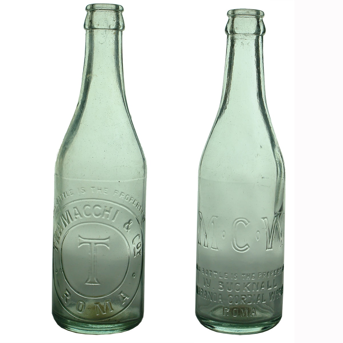 2 Roma Crown Seals. Tramacchi & Co; W. Bucknall, Maranoa Cordial Works. Aqua. 10 oz. (Queensland)