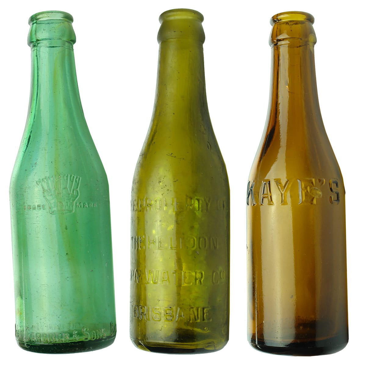 3 small coloured Crown Seals Brisbane. Owen Gardner & Sons Turret and Axes. Mid Green; Helidon Spa Water Co, Yellow/Green; Kaye's Brisbane Aerated Water Co. Amber. (Queensland)